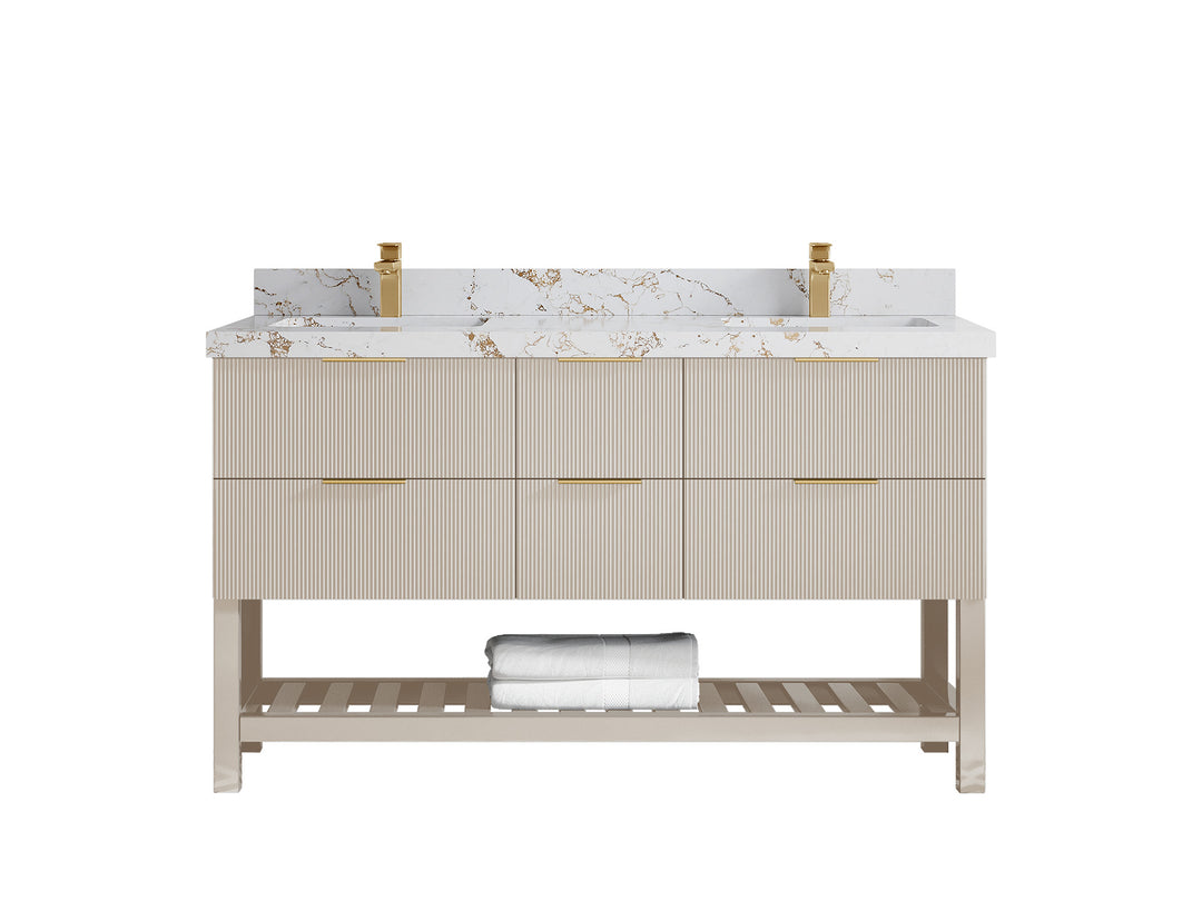 Catalina 60 in. W x 22 in. D Double Sink Bathroom Vanity in Fine Grain with 2 in Viola Gold Quartz Countertop