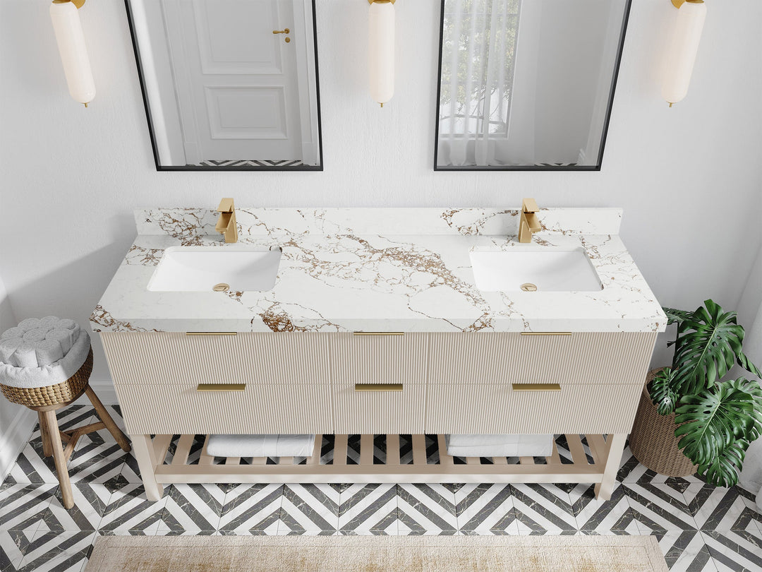 Catalina 72 in. W x 22 in. D Double Sink Bathroom Vanity in Fine Grain with 2 in Viola Gold Quartz Countertop - Top View