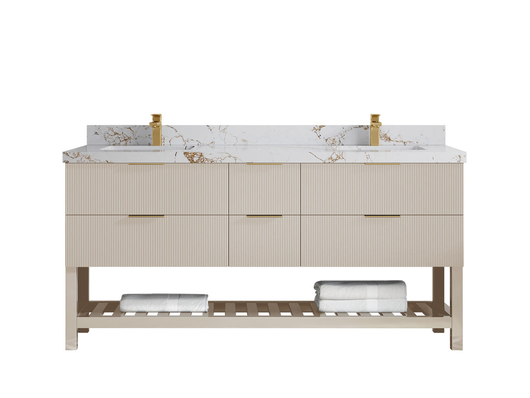 Catalina 72 in. W x 22 in. D Double Sink Bathroom Vanity in Fine Grain with 2 in Viola Gold Quartz Countertop
