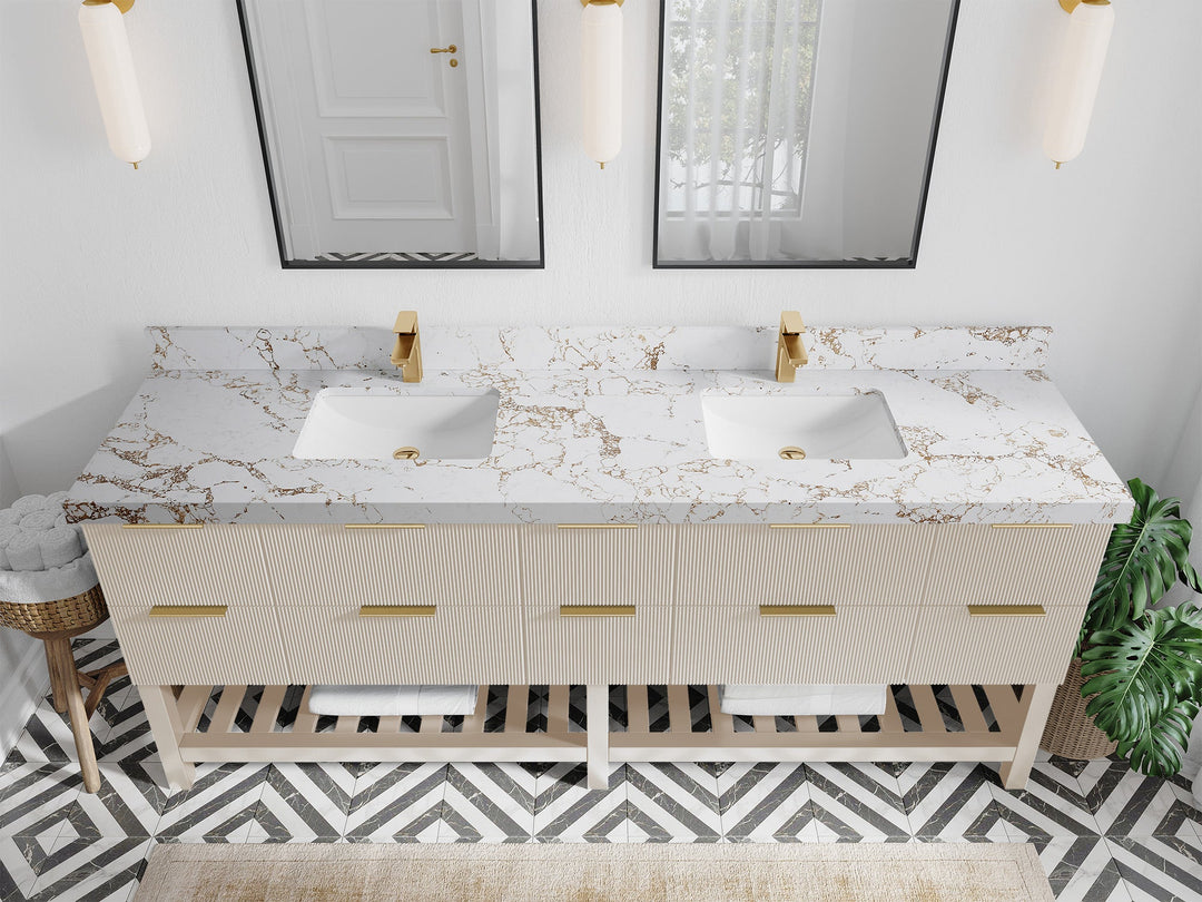 Catalina 84 in. W x 22 in. D Double Sink Bathroom Vanity in Fine Grain with 2 in Viola Gold Quartz Countertop - Top View