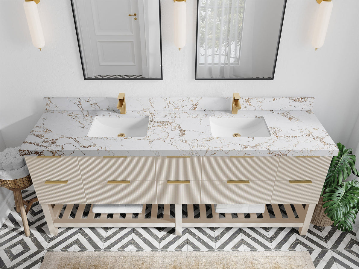 Catalina 84 in. W x 22 in. D Double Sink Bathroom Vanity in Fine Grain with 2 in Viola Gold Quartz Countertop - Top View
