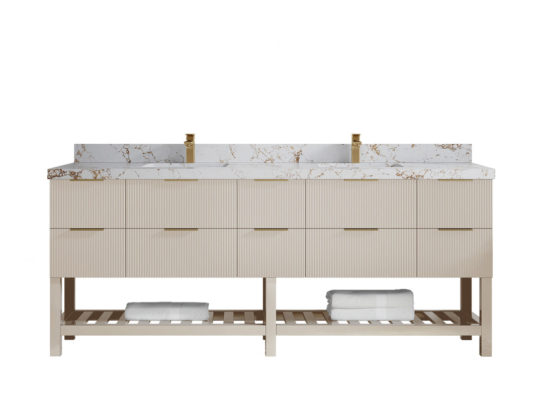 Catalina 84 in. W x 22 in. D Double Sink Bathroom Vanity in Fine Grain with 2 in Viola Gold Quartz Countertop
