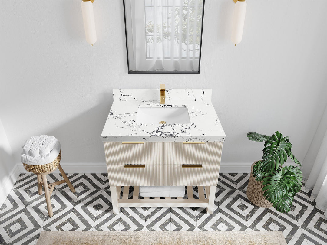 Catalina 36 in. W x 22 in. D Single Sink Bathroom Vanity in Fine Grain with 2 in Viola Night Quartz Countertop - Top View