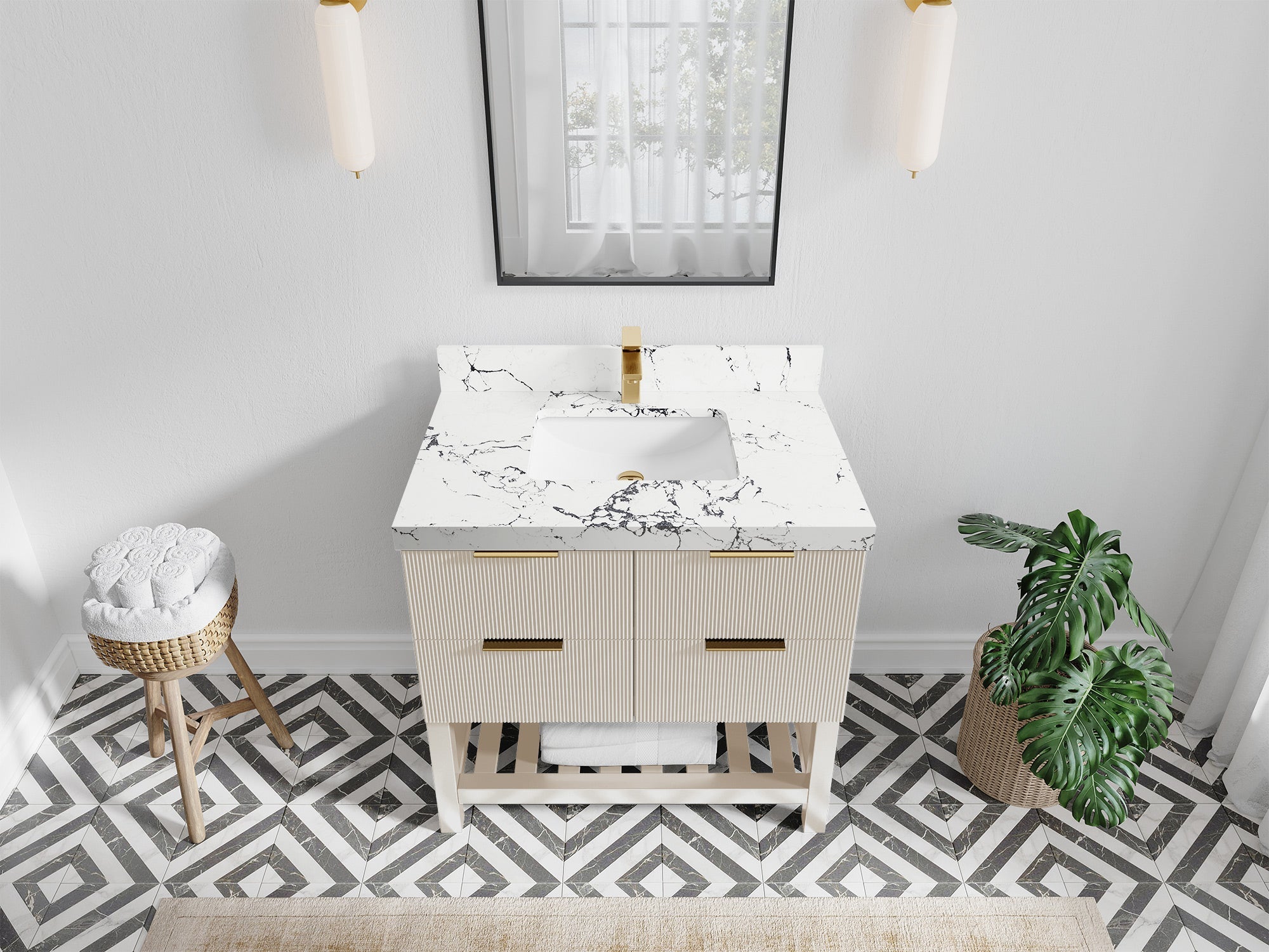 Catalina 36 in. W x 22 in. D Single Sink Bathroom Vanity in Fine Grain with 2 in Viola Night Quartz Countertop - Top View