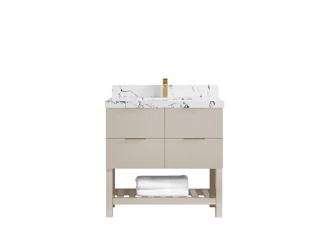 Catalina 36 in. W x 22 in. D Single Sink Bathroom Vanity in Fine Grain with 2 in Viola Night Quartz Countertop