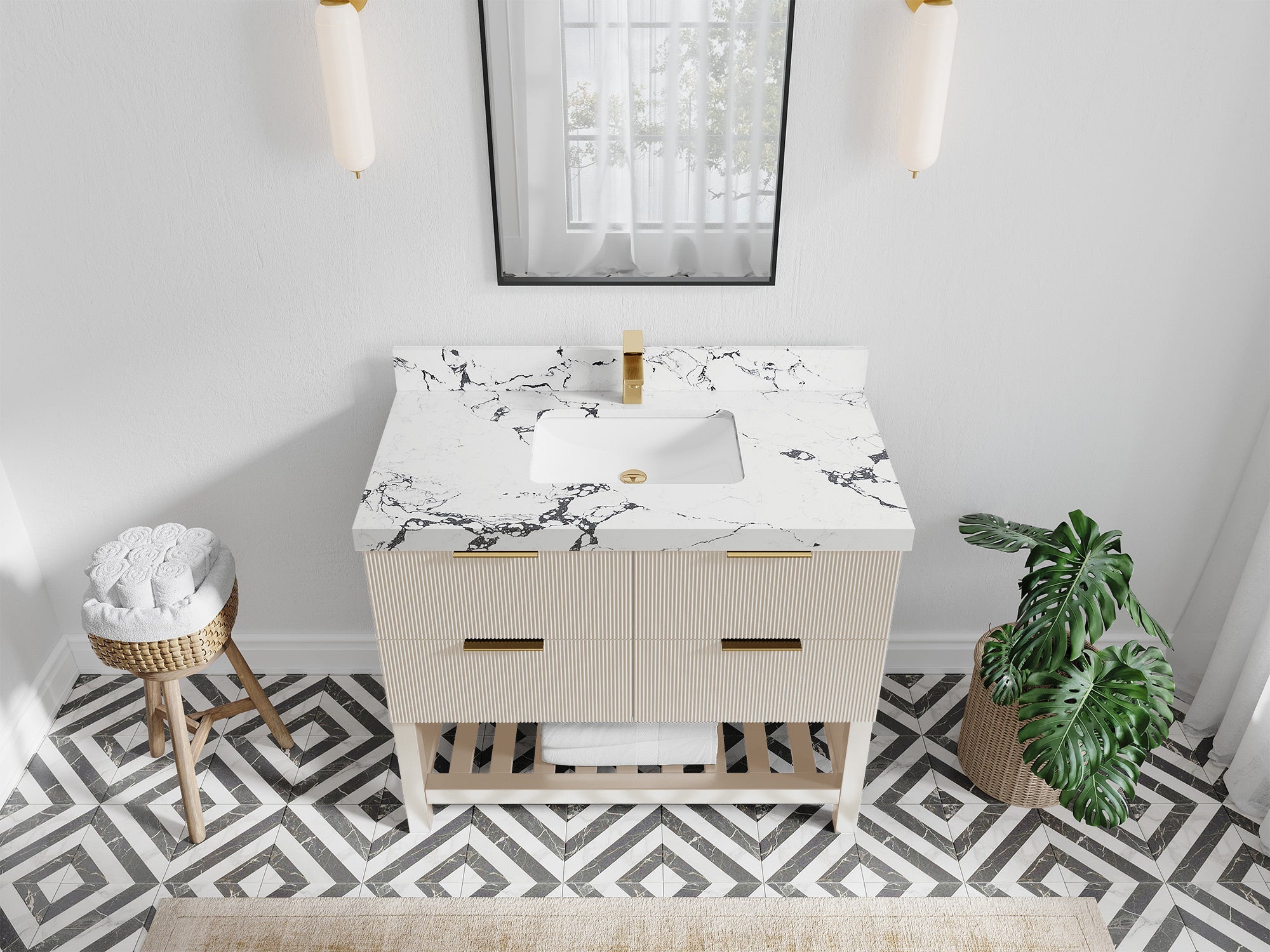 Catalina 42 in. W x 22 in. D Single Sink Bathroom Vanity in Fine Grain with 2 in Viola Night Quartz Countertop Top View