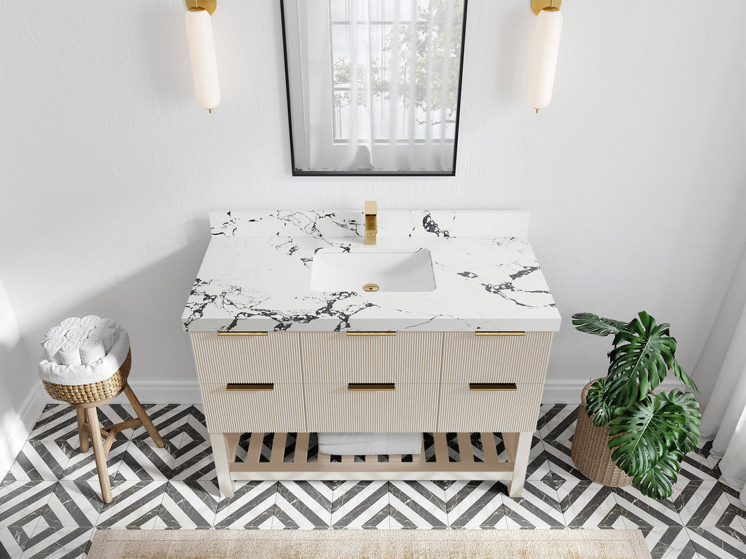 Catalina 48 in. W x 22 in. D Single Sink Bathroom Vanity in Fine Grain with 2 in Viola Night Quartz Countertop - Top View