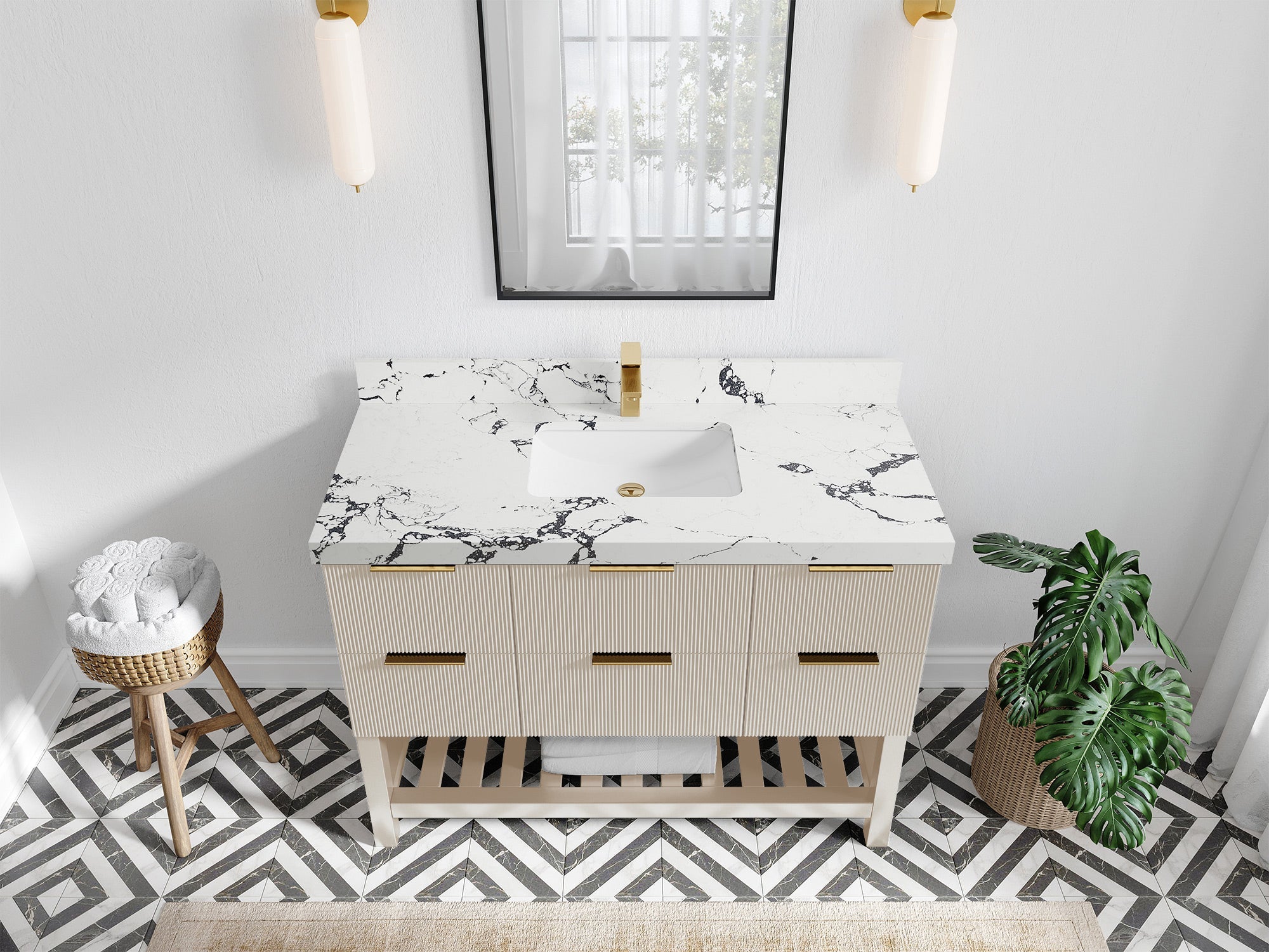 Catalina 48 in. W x 22 in. D Single Sink Bathroom Vanity in Fine Grain with 2 in Viola Night Quartz Countertop - Top View