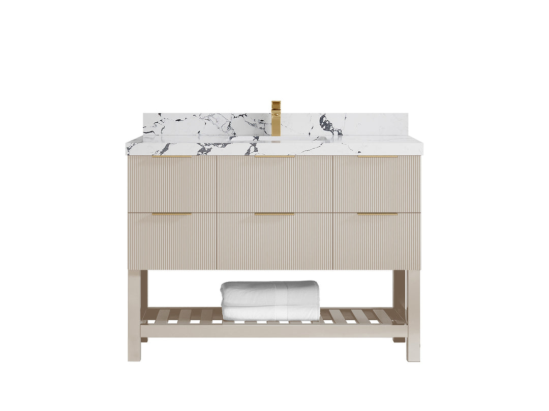 Catalina 48 in. W x 22 in. D Single Sink Bathroom Vanity in Fine Grain with 2 in Viola Night Quartz Countertop