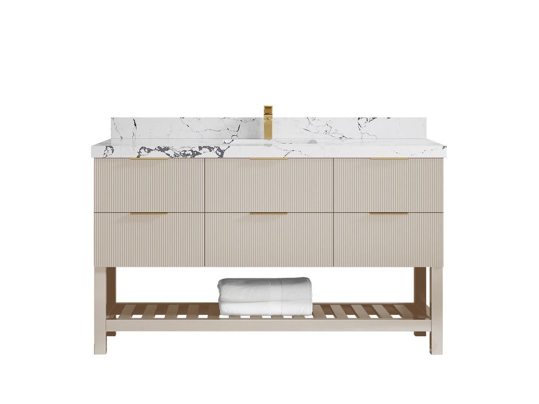 Catalina 60 in. W x 22 in. D Single Sink Bathroom Vanity in Fine Grain with 2 in Viola Night Quartz Countertop