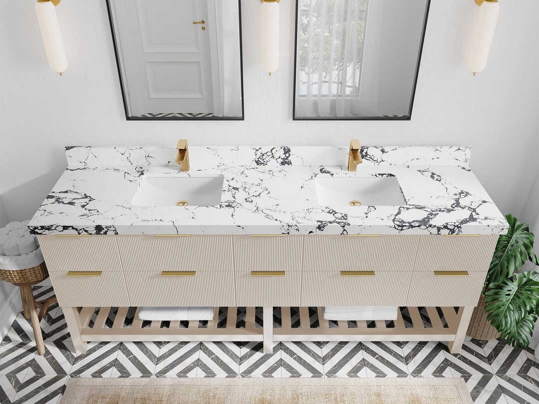 Catalina 84 in. W x 22 in. D Double Sink Bathroom Vanity in Fine Grain with 2 in Viola Night Quartz Countertop - Top View