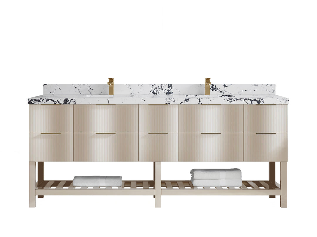 Catalina 84 in. W x 22 in. D Double Sink Bathroom Vanity in Fine Grain with 2 in Viola Night Quartz Countertop 