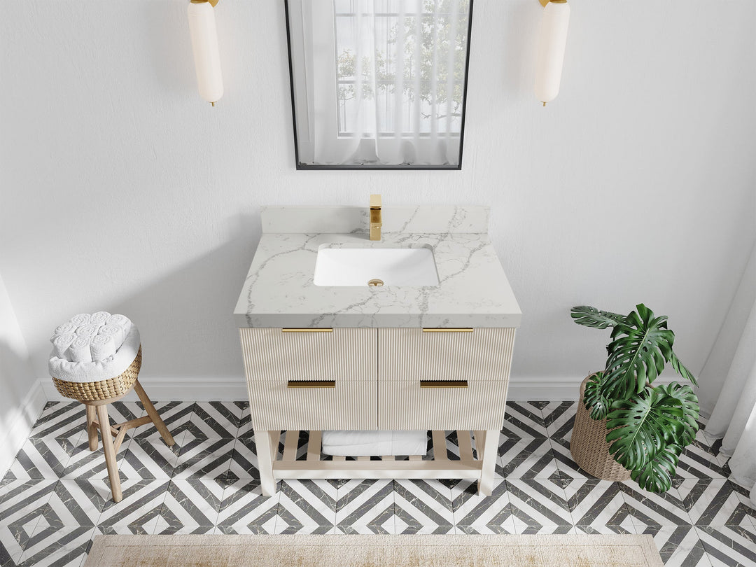 Catalina 36 in. W x 22 in. D Single Sink Bathroom Vanity in Fine Grain with 2 in Venatino Quartz Countertop - Top View