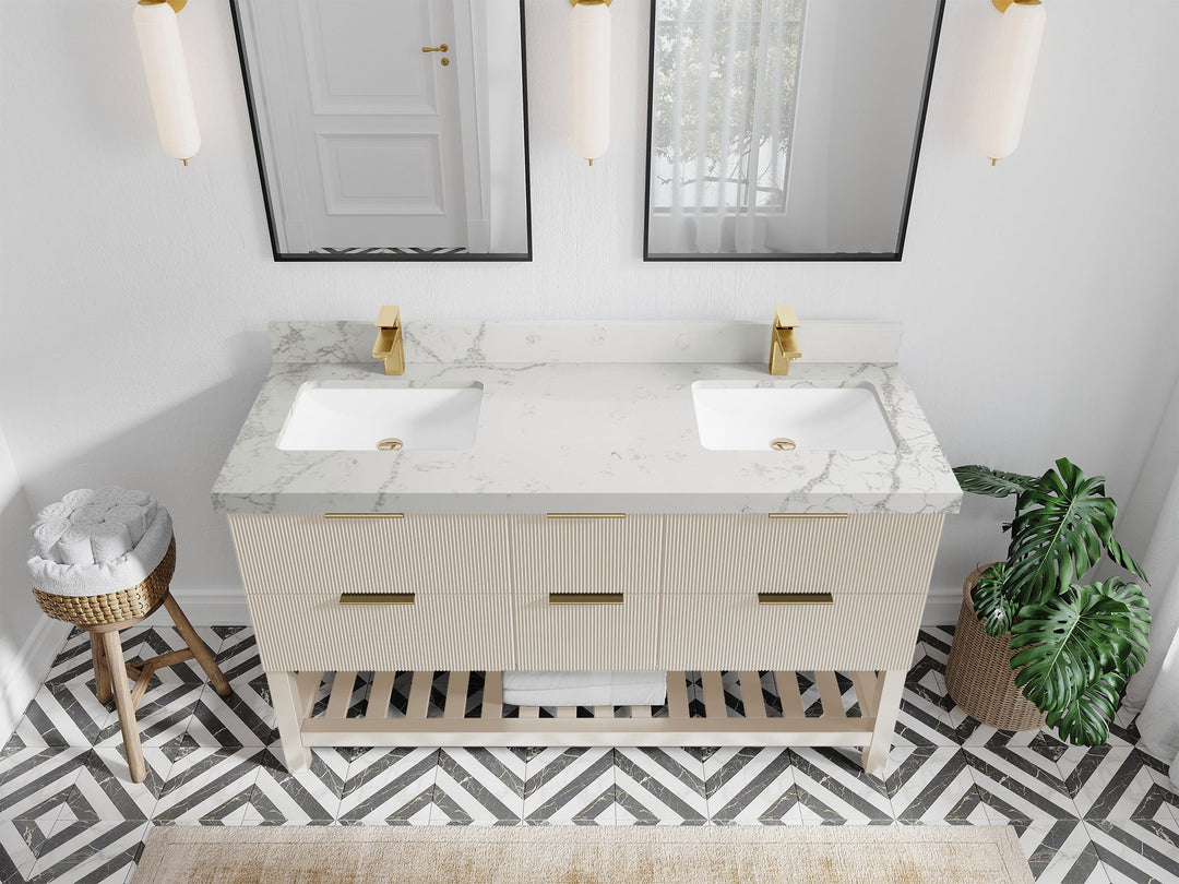 Catalina 60 in. W x 22 in. D Double Sink Bathroom Vanity in Fine Grain with 2 in Venatino Quartz Countertop - Top View