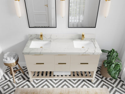 Catalina 60 in. W x 22 in. D Double Sink Bathroom Vanity in Fine Grain with 2 in Venatino Quartz Countertop - Top View