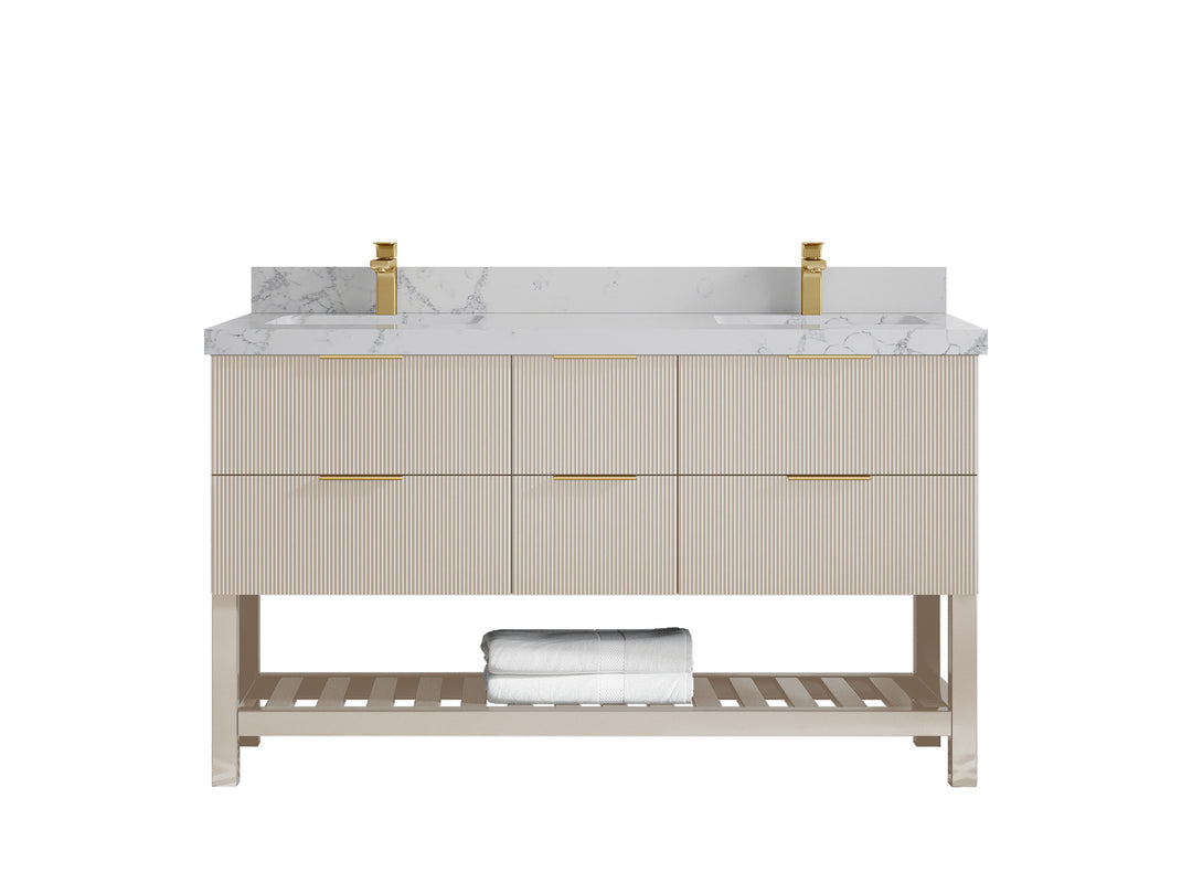 Catalina 60 in. W x 22 in. D Double Sink Bathroom Vanity in Fine Grain with 2 in Venatino Quartz Countertop 