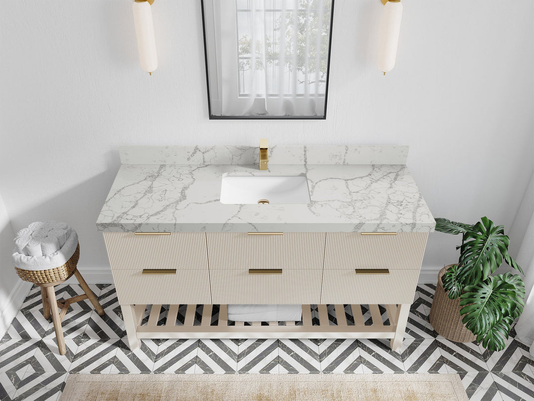 Catalina 60 in. W x 22 in. D Single Sink Bathroom Vanity in Fine Grain with 2 in Venatino Quartz Countertop - Top View