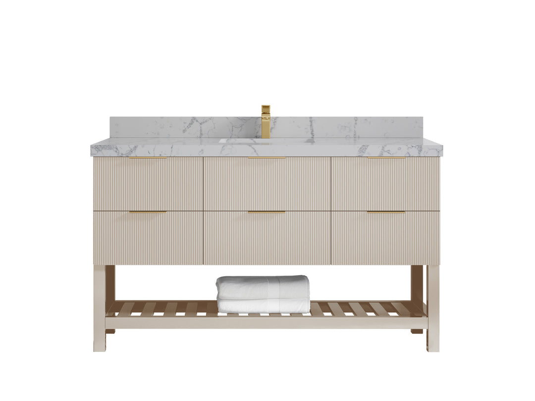 Catalina 60 in. W x 22 in. D Single Sink Bathroom Vanity in Fine Grain with 2 in Venatino Quartz Countertop