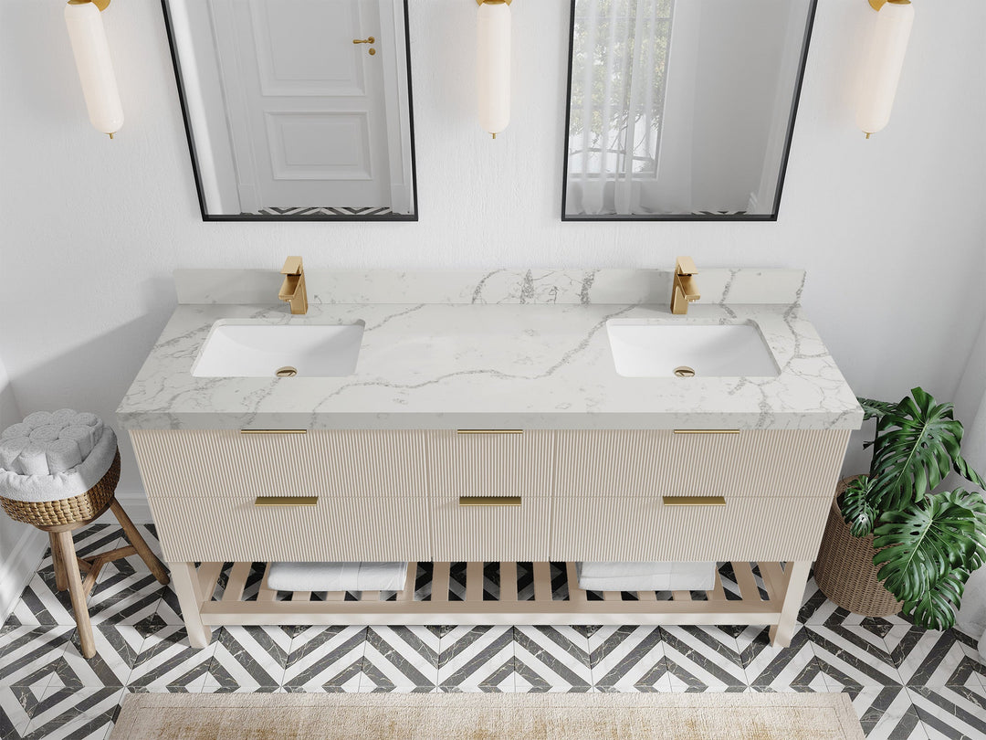 Catalina 72 in. W x 22 in. D Double Sink Bathroom Vanity in Fine Grain with 2 in Venatino Quartz Countertop - Top View