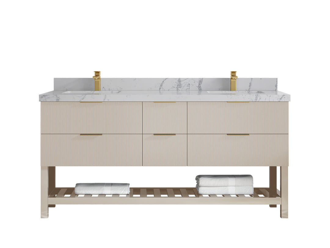 Catalina 72 in. W x 22 in. D Double Sink Bathroom Vanity in Fine Grain with 2 in Venatino Quartz Countertop