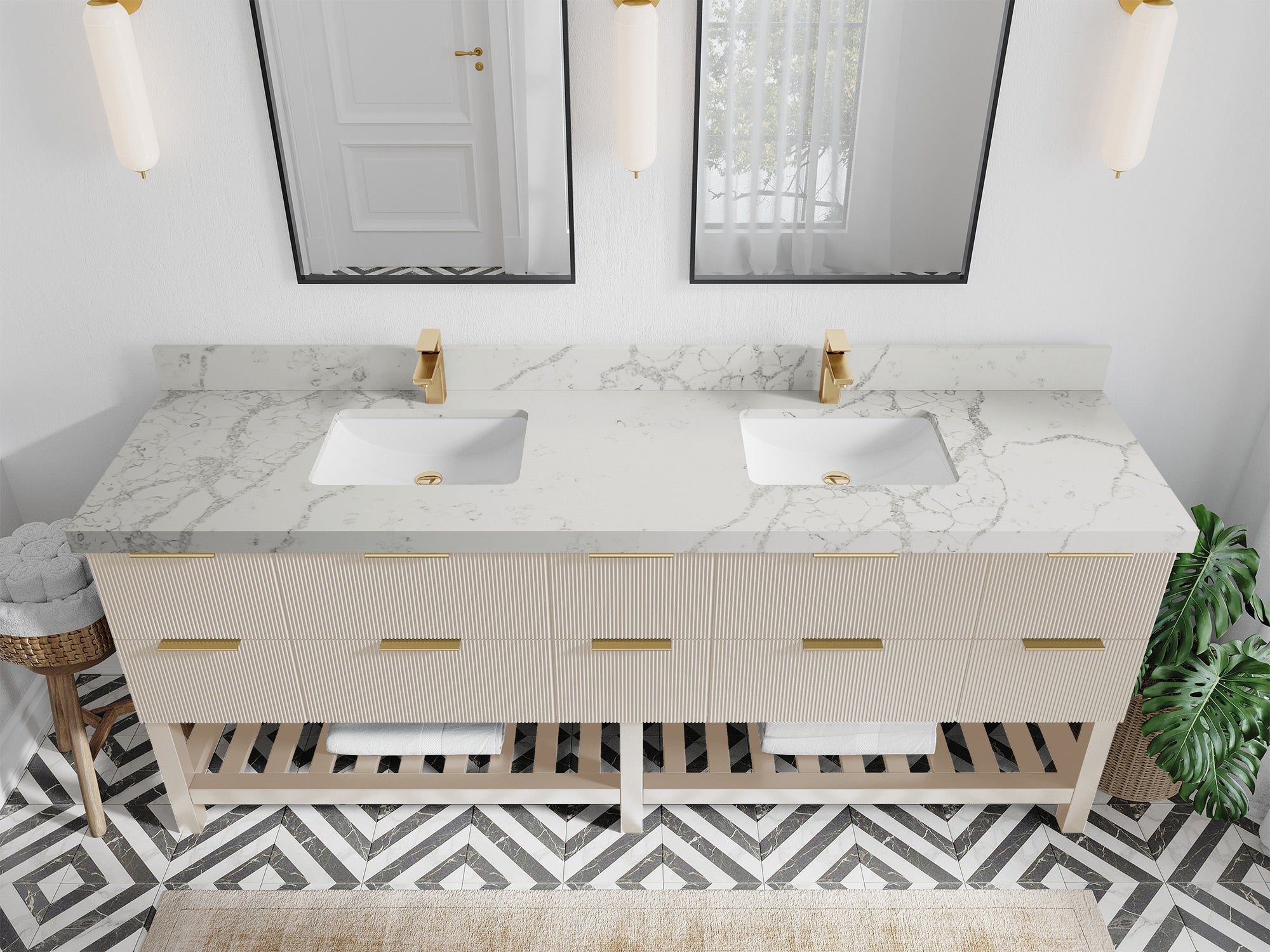 Catalina 84 in. W x 22 in. D Double Sink Bathroom Vanity in Fine Grain with 2 in Venatino Quartz Countertop - Top View