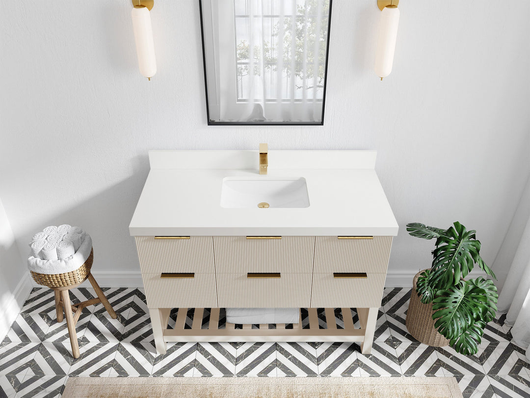 Catalina 48 in. W x 22 in. D Single Sink Bathroom Vanity in Fine Grain with 2 in White Quartz Countertop - Top View