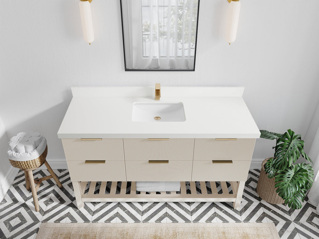 Catalina 60 in. W x 22 in. D Single Sink Bathroom Vanity in Fine Grain with 2 in White Quartz Countertop - Top View