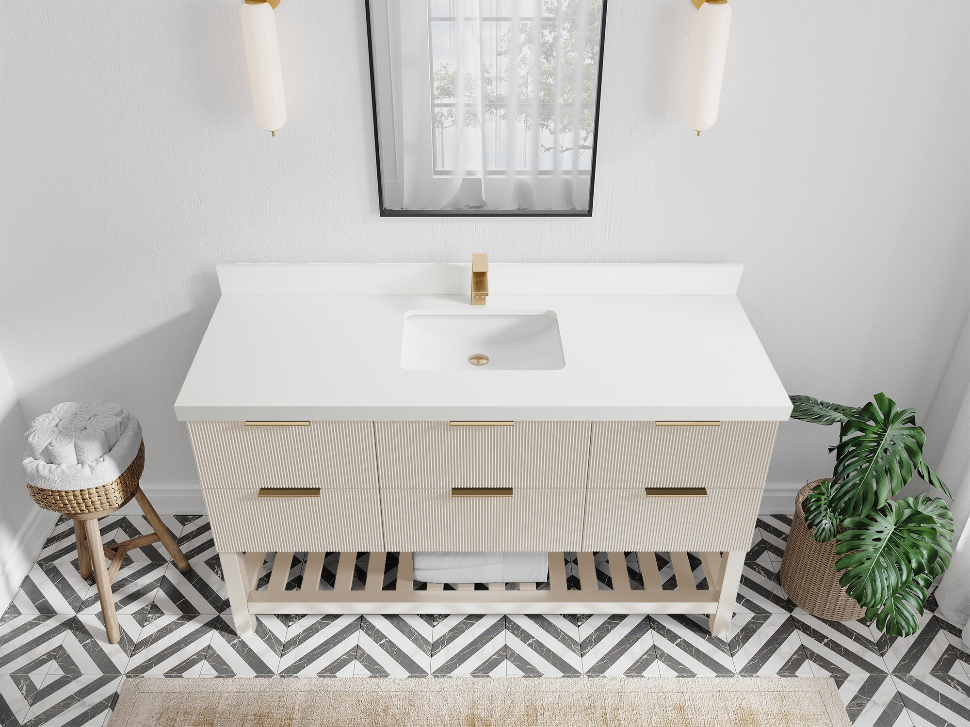 Catalina 60 in. W x 22 in. D Single Sink Bathroom Vanity in Fine Grain with 2 in White Quartz Countertop - Top View