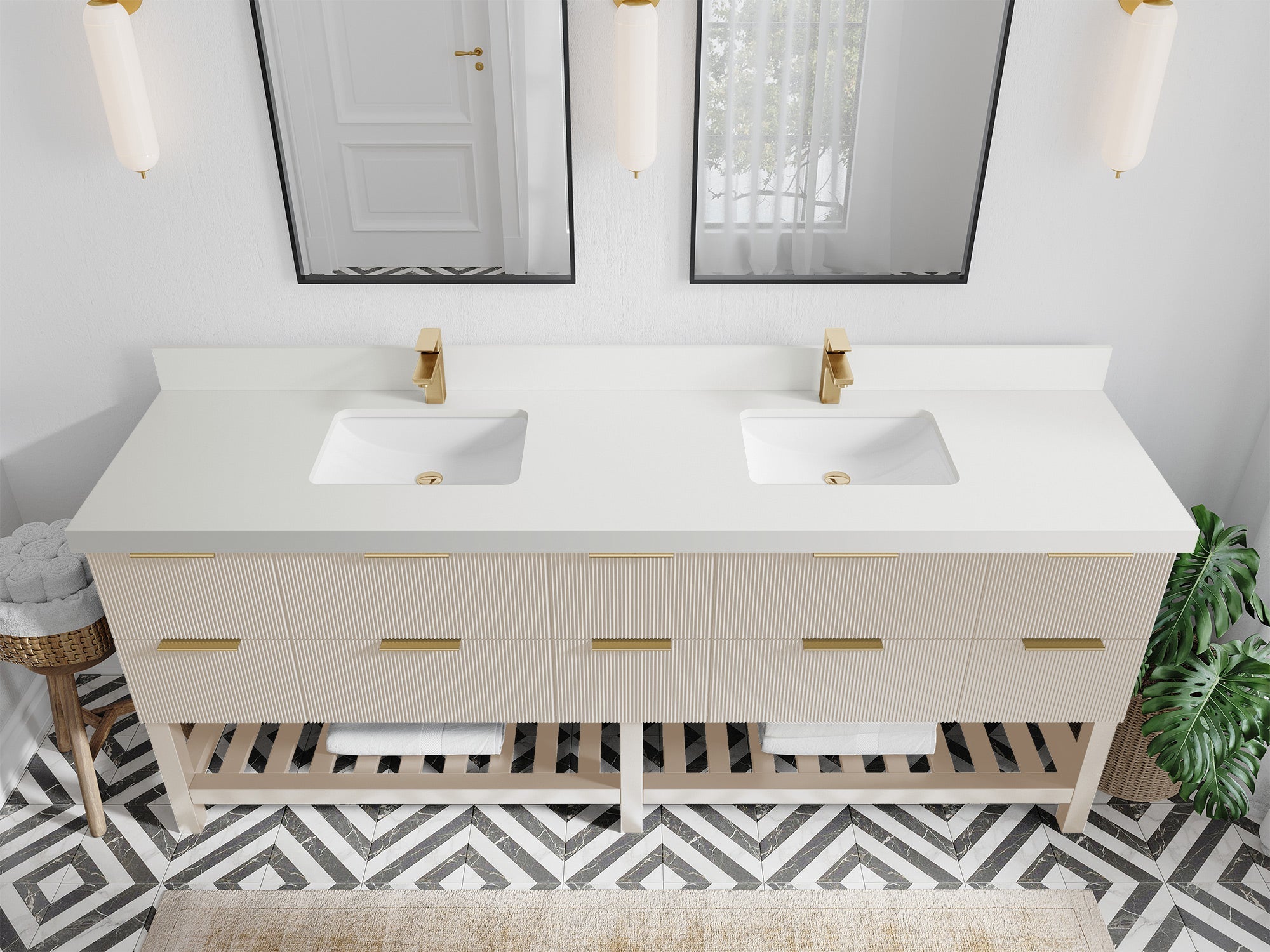 Catalina 84 in. W x 22 in. D Double Sink Bathroom Vanity in Fine Grain with 2 in White Quartz Countertop - Top View