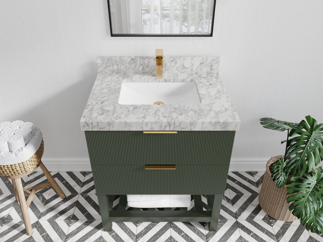 Catalina 30 in. W x 22 in. D Single Sink Bathroom Vanity in Pewter Green with 2 in Carrara Marble Countertop - Top View