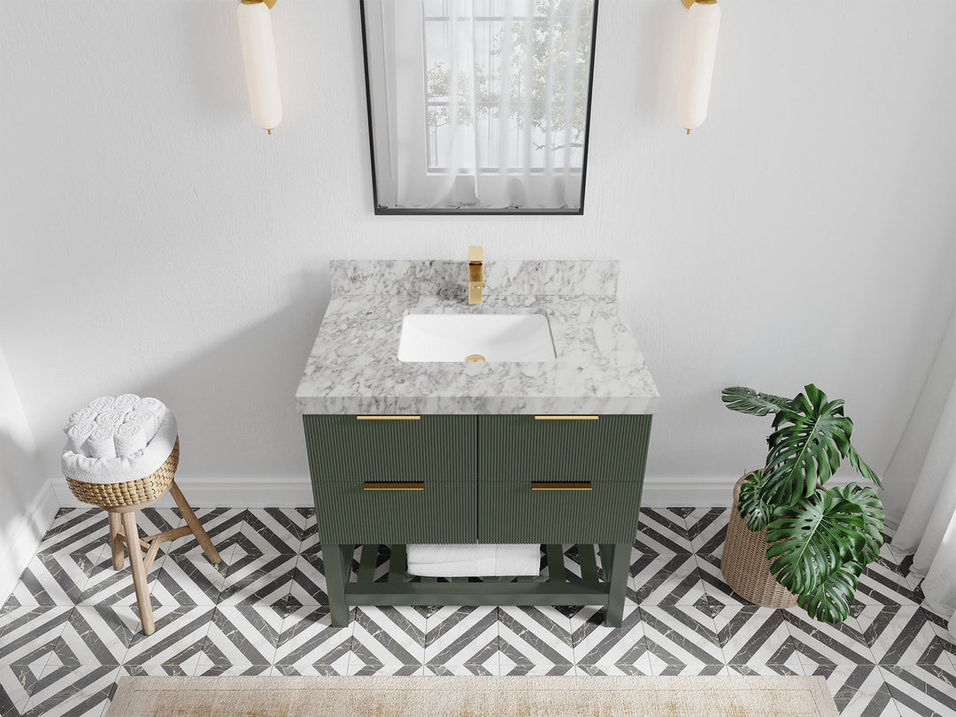 Catalina 36 in. W x 22 in. D Single Sink Bathroom Vanity in Pewter Green with 2 in Carrara Marble Countertop - Top View