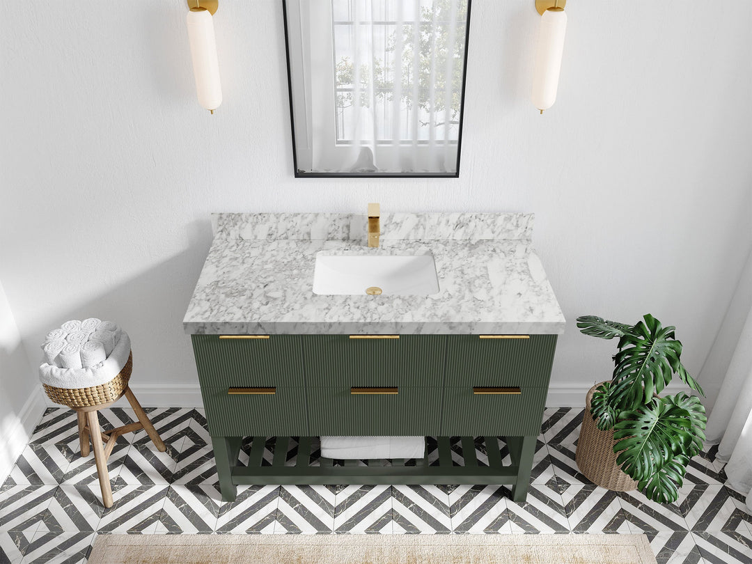 Catalina 48 in. W x 22 in. D Single Sink Bathroom Vanity in Pewter Green with 2 in Carrara Marble Countertop - Top View