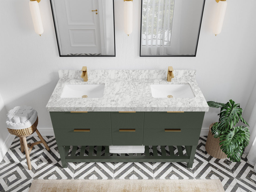 Catalina 60 in. W x 22 in. D Double Sink Bathroom Vanity in Pewter Green with 2 in Carrara Marble Countertop - Top View