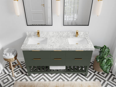 Catalina 60 in. W x 22 in. D Double Sink Bathroom Vanity in Pewter Green with 2 in Carrara Marble Countertop - Top View