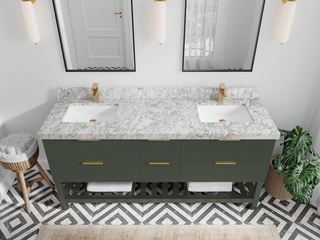 Catalina 72 in. W x 22 in. D Double Sink Bathroom Vanity in Pewter Green with 2 in Carrara Marble Countertop - Top View