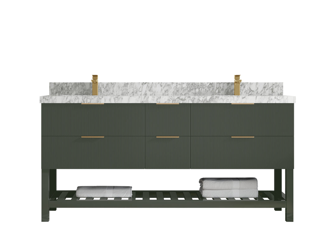 Catalina 72 in. W x 22 in. D Double Sink Bathroom Vanity in Pewter Green with 2 in Carrara Marble Countertop