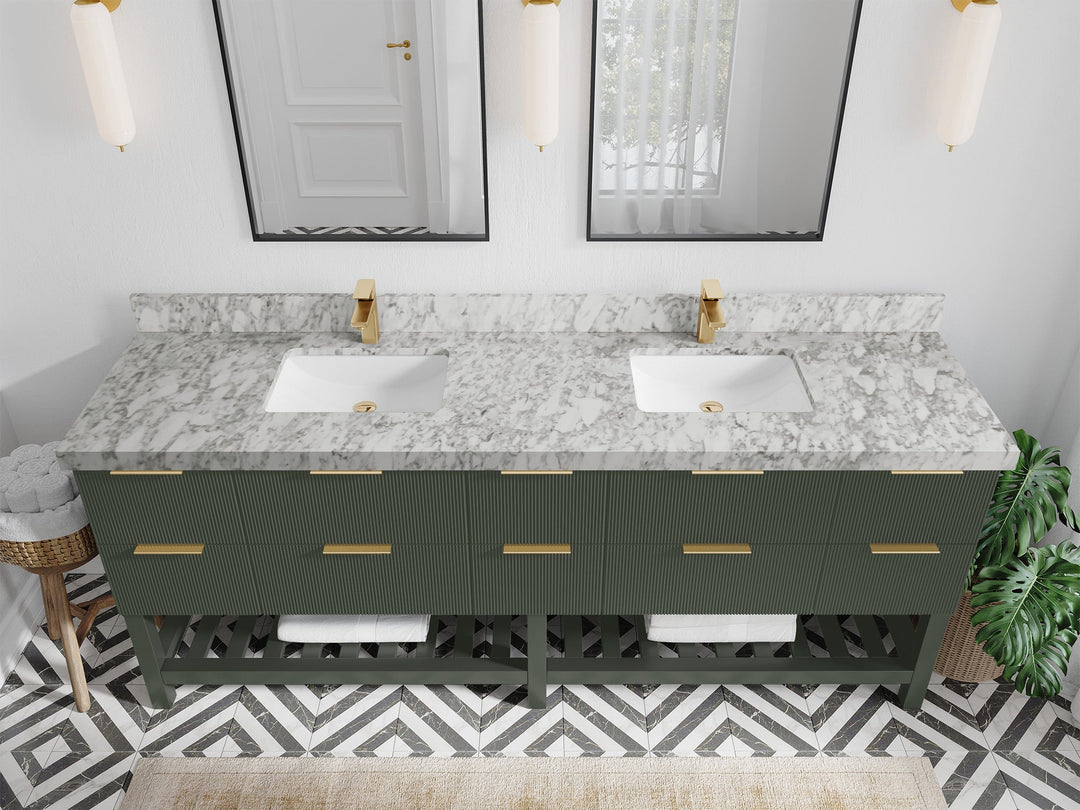 Catalina 84 in. W x 22 in. D Double Sink Bathroom Vanity in Pewter Green with 2 in Carrara Marble Countertop - Top View