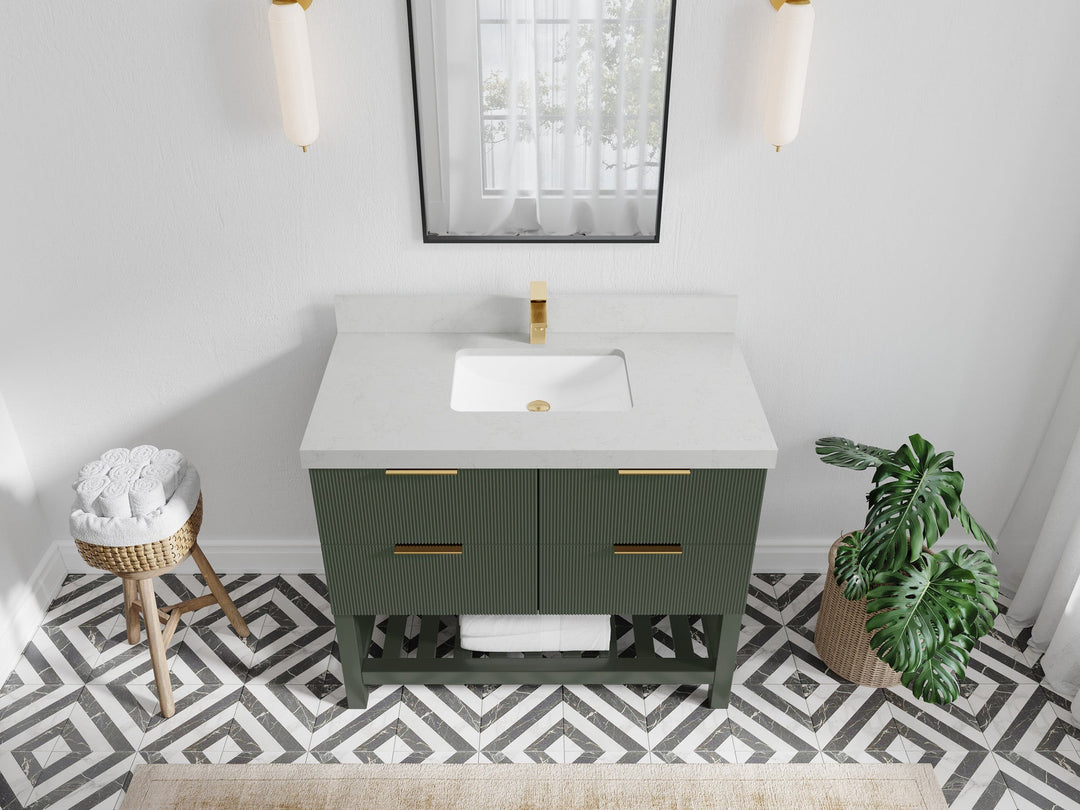 Catalina 42 in. W x 22 in. D Single Sink Bathroom Vanity in Pewter Green with 2 in Carrara Quartz Countertop Top View