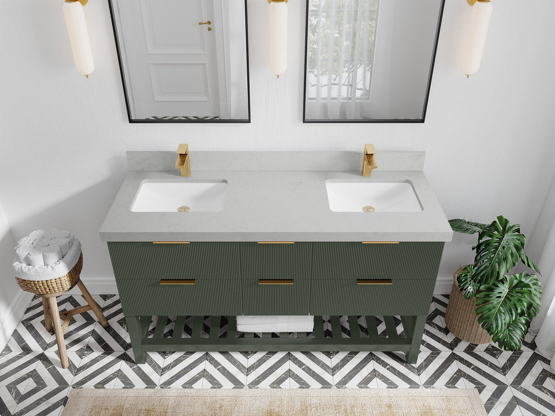 Catalina 60 in. W x 22 in. D Double Sink Bathroom Vanity in Pewter Green with 2 in Carrara Quartz Countertop - Top View