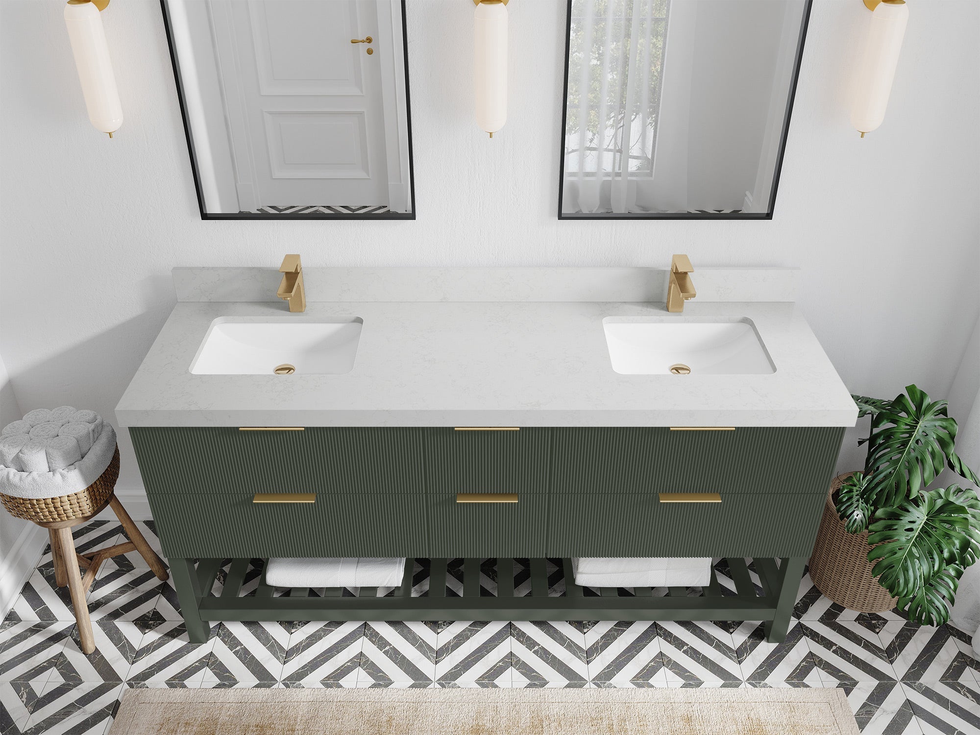 Catalina 72 in. W x 22 in. D Double Sink Bathroom Vanity in Pewter Green with 2 in Carrara Quartz Countertop - Top View