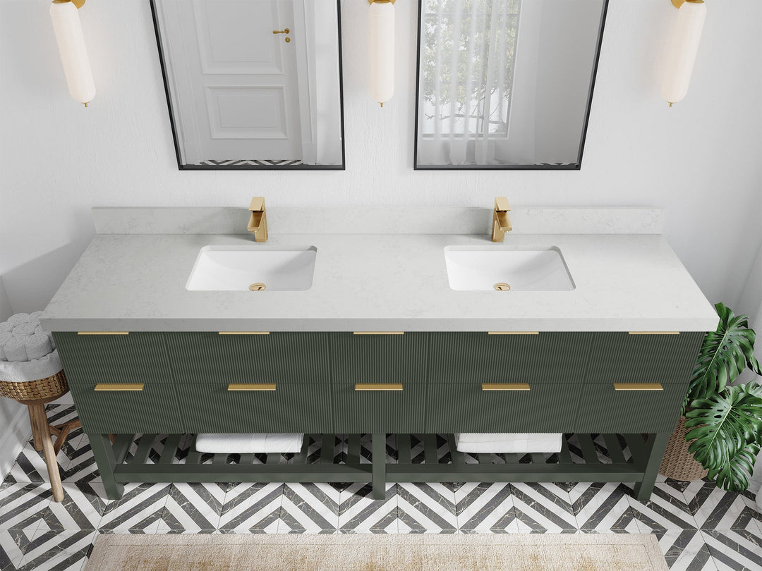 Catalina 84 in. W x 22 in. D Double Sink Bathroom Vanity in Pewter Green with 2 in Carrara Quartz Countertop - Top View