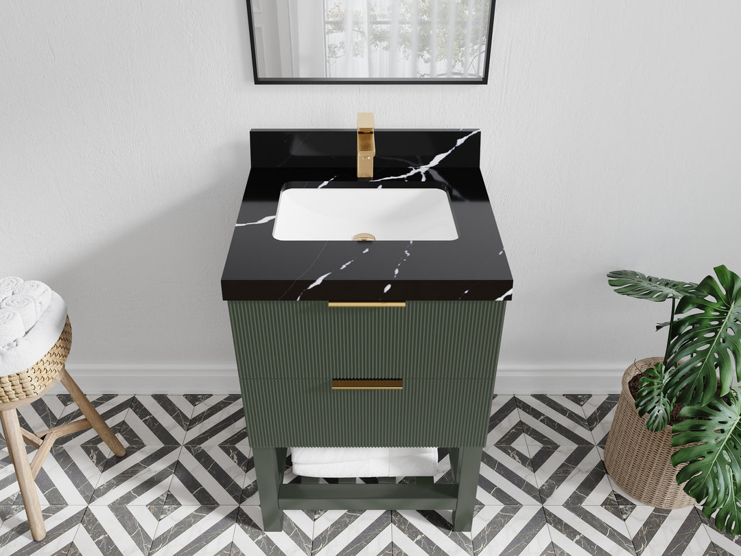Catalina 24 in. W x 22 in. D Single Sink Bathroom Vanity in Pewter Green with 2 in Calacatta Black Quartz Countertop - Top View