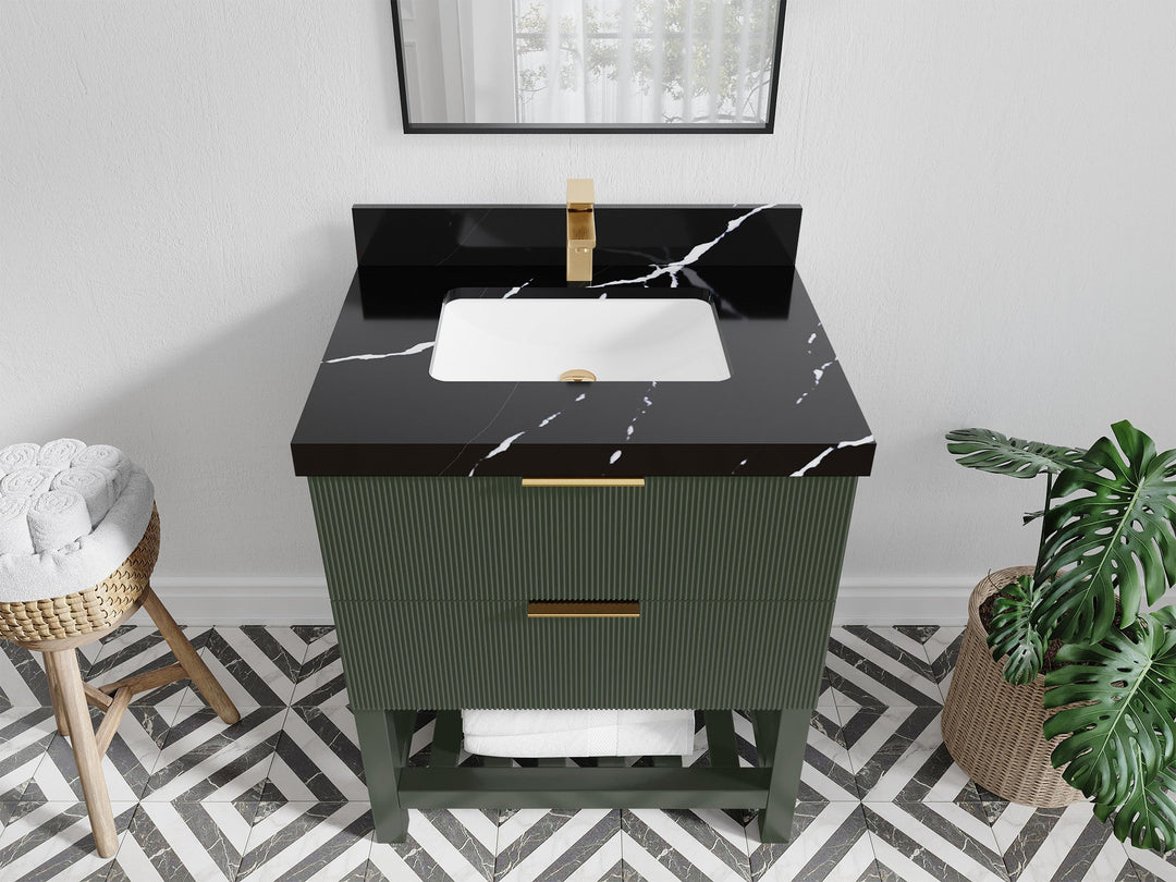 Catalina 30 in. W x 22 in. D Single Sink Bathroom Vanity in Pewter Green with 2 in Calacatta Black Quartz Countertop - Top View