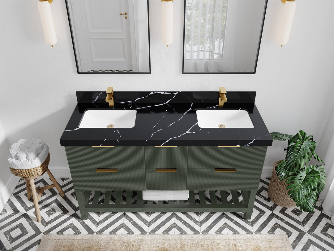 Catalina 60 in. W x 22 in. D Double Sink Bathroom Vanity in Pewter Green with 2 in Calacatta Black Quartz Countertop - Top View