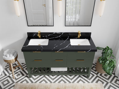 Catalina 60 in. W x 22 in. D Double Sink Bathroom Vanity in Pewter Green with 2 in Calacatta Black Quartz Countertop - Top View