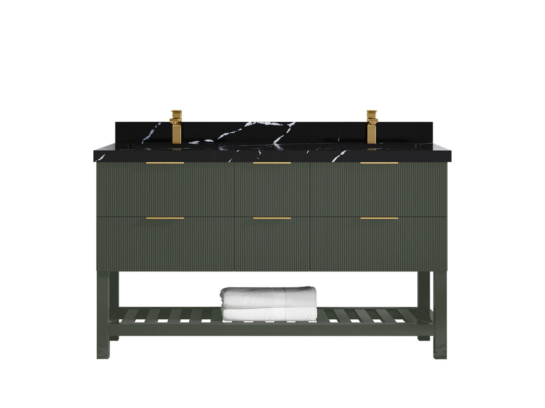 Catalina 60 in. W x 22 in. D Double Sink Bathroom Vanity in Pewter Green with 2 in Calacatta Black Quartz Countertop