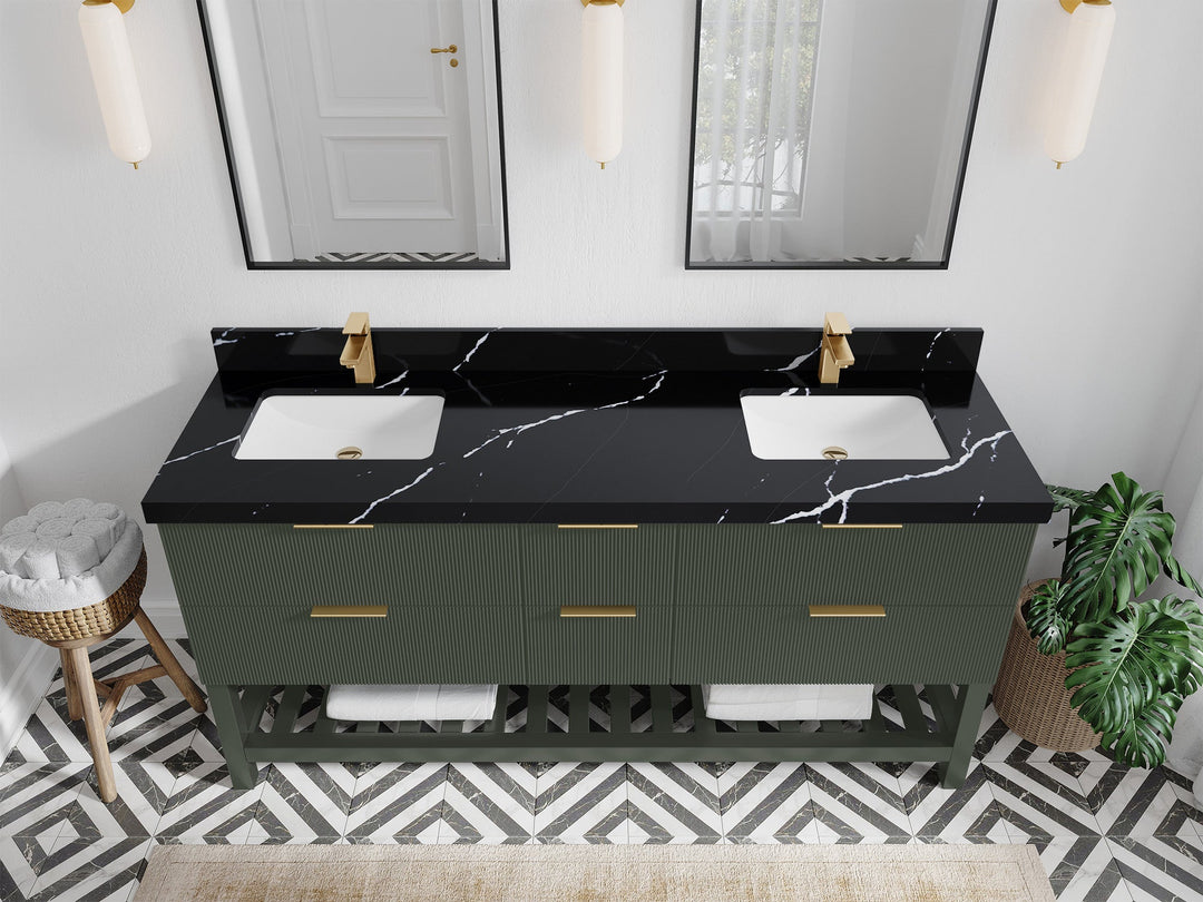 Catalina 72 in. W x 22 in. D Double Sink Bathroom Vanity in Pewter Green with 2 in Calacatta Black Quartz Countertop - Top View