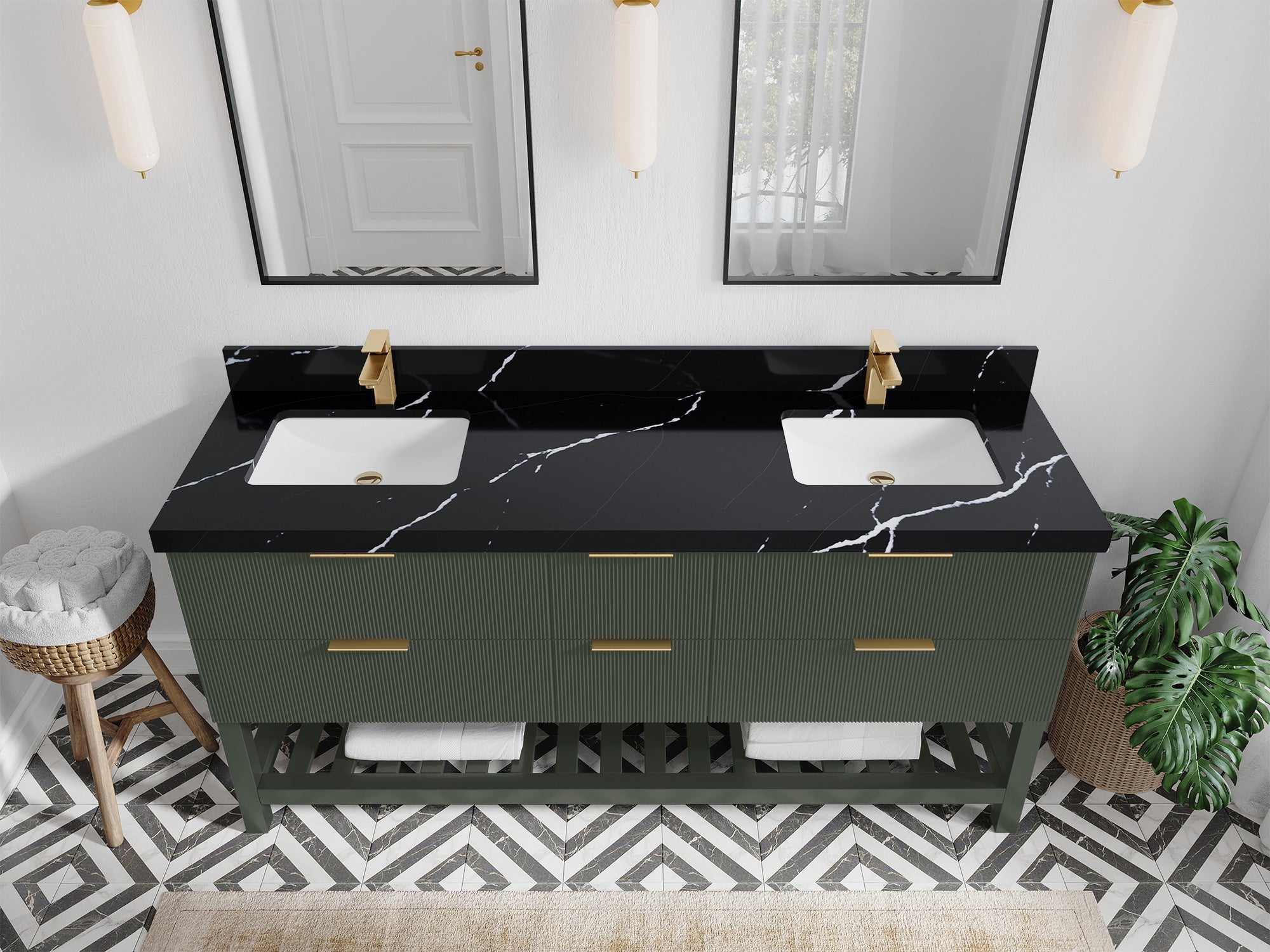 Catalina 72 in. W x 22 in. D Double Sink Bathroom Vanity in Pewter Green with 2 in Calacatta Black Quartz Countertop - Top View