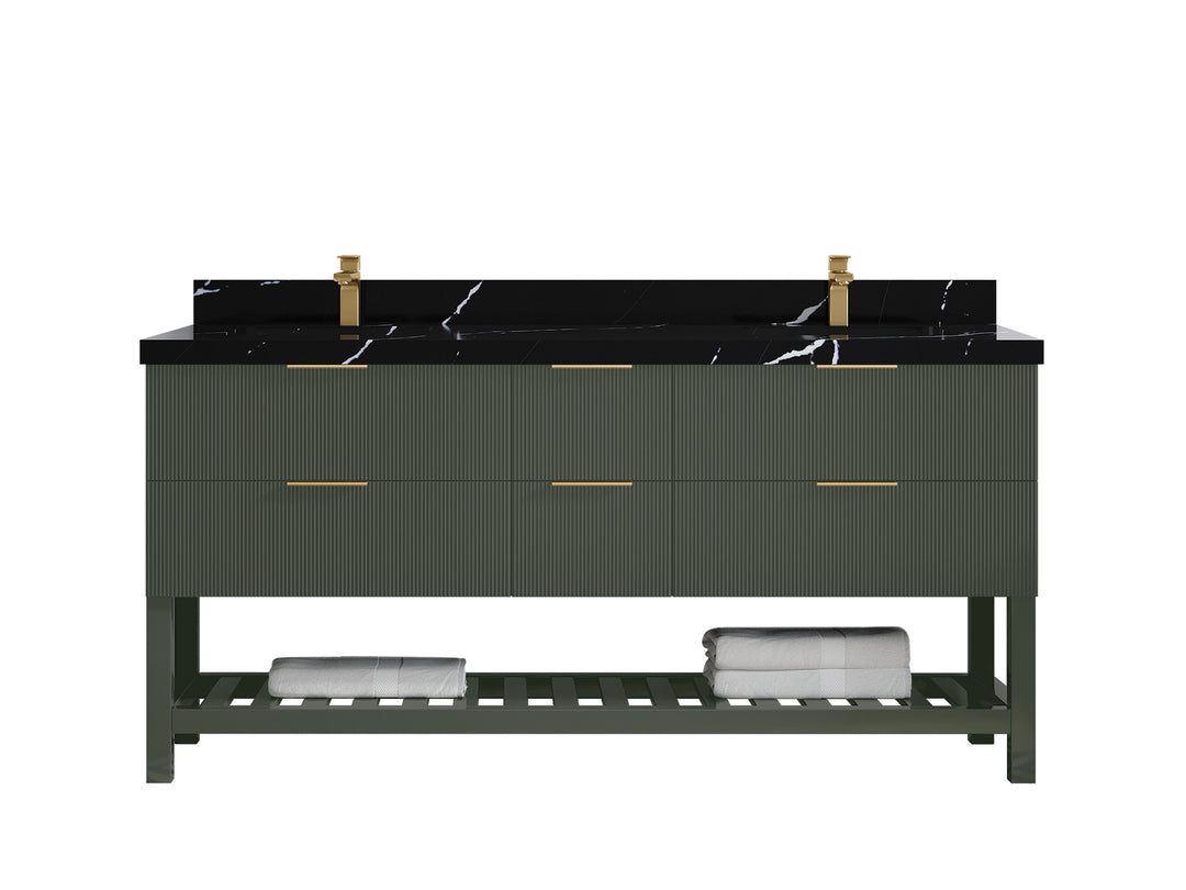 Catalina 72 in. W x 22 in. D Double Sink Bathroom Vanity in Pewter Green with 2 in Calacatta Black Quartz Countertop
