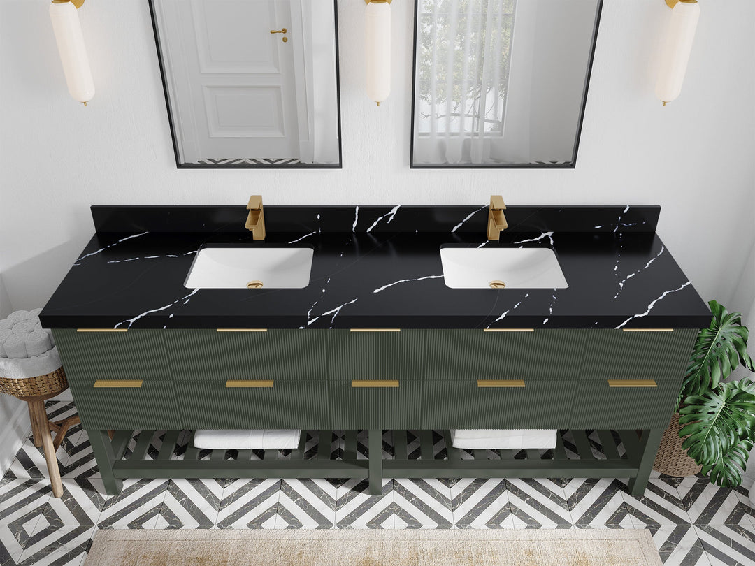 Catalina 84 in. W x 22 in. D Double Sink Bathroom Vanity in Pewter Green with 2 in Calacatta Black Quartz Countertop - Top View